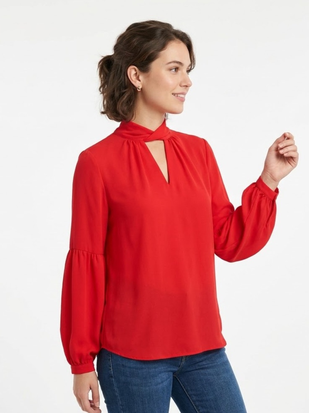 Laurie Felt Los Angeles Red Mock Neck Twist Keyhole Blouse Size XS
